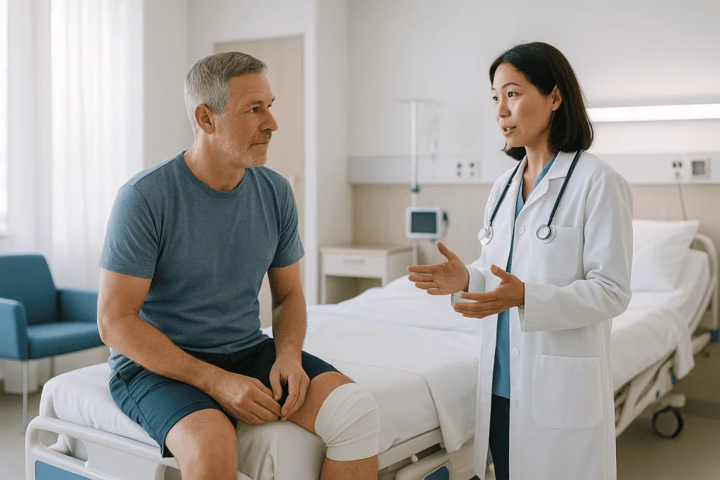Doctor consulting adult male patient with knee injury: How does meniscus surgery after 50 actually work?