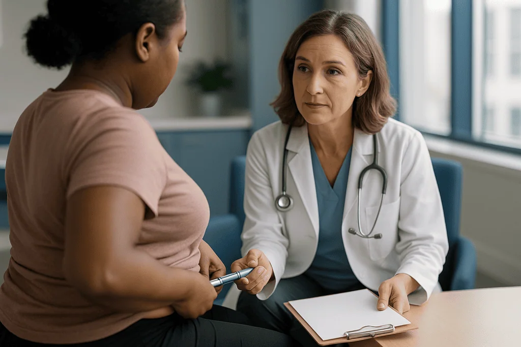 Doctor consulting with obese patient in office setting: How does semaglutide work for weight loss?
