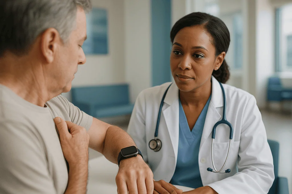Doctor consulting with older male patient in clinic: How does the Apple Watch ECG actually work?