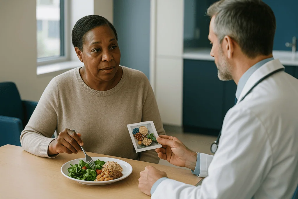Doctor consulting patient about healthy diet nutrition: How does the portfolio diet lower LDL cholesterol?