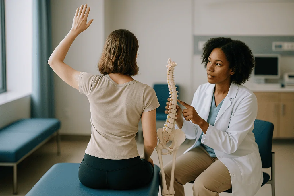 Chiropractor examining patient spine with skeletal model: How does the Schroth method work? Thinking in three dimensions
