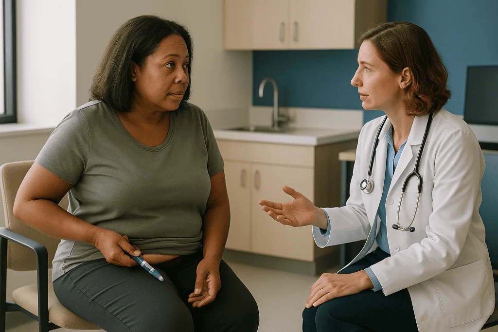 Doctor consulting with female patient in clinic exam room: How does Wegovy work for weight loss?