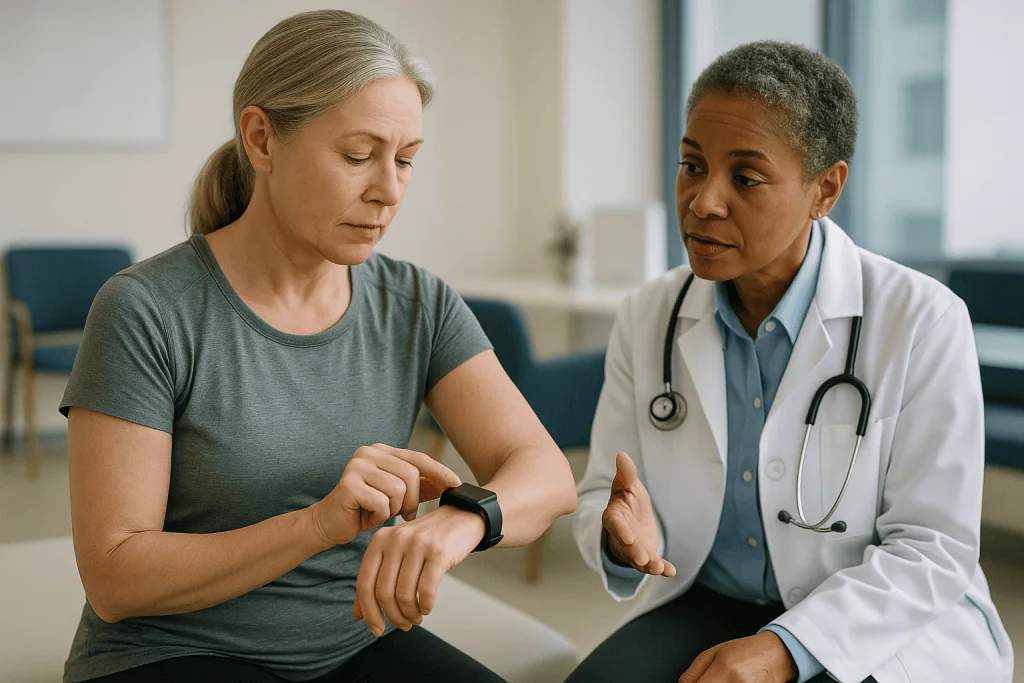Doctor consulting patient about wearable device data: How does wrist heart rate work, and where does it struggle?
