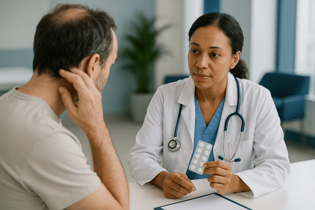 Doctor consulting patient about medication in clinic: How dutasteride works: two enzymes, not one