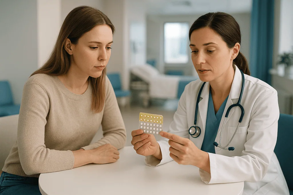 Female doctor discussing birth control pills with patient: How estrogen and progesterone actually work in the body