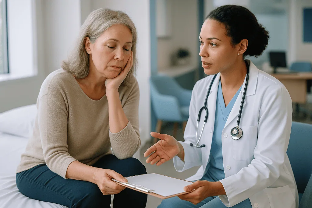 Doctor consulting with middle-aged female patient: How estrogen and progesterone shape sleep and energy