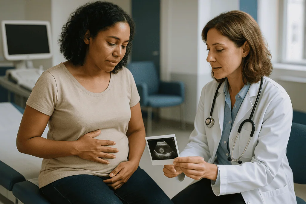 Pregnant patient consulting with female doctor holding ultrasound image: How fibroid treatments work: what actually happens 