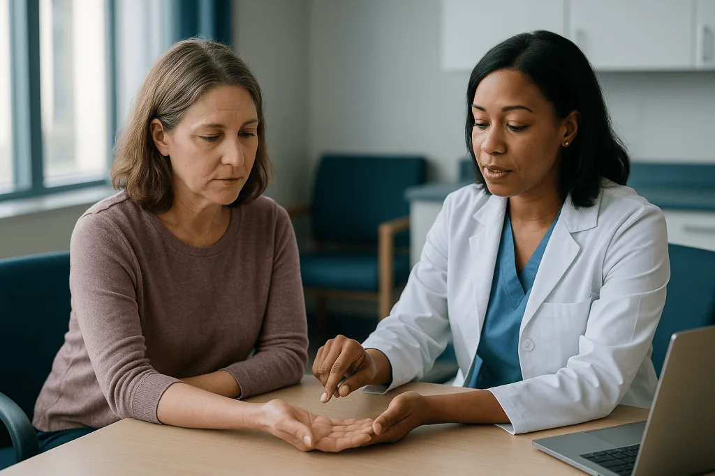 Doctor examining patient's hand in clinical consultation: How functional neurological disorder actually works, in plain lang