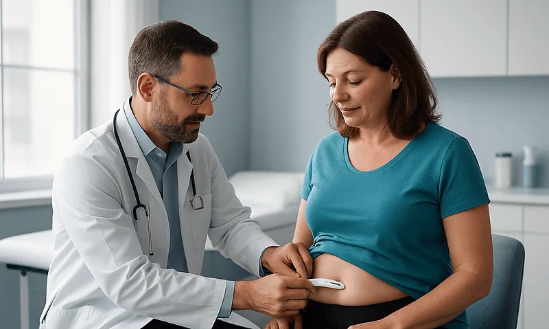 Doctor adjusting gastric band during patient consultation at hospital.