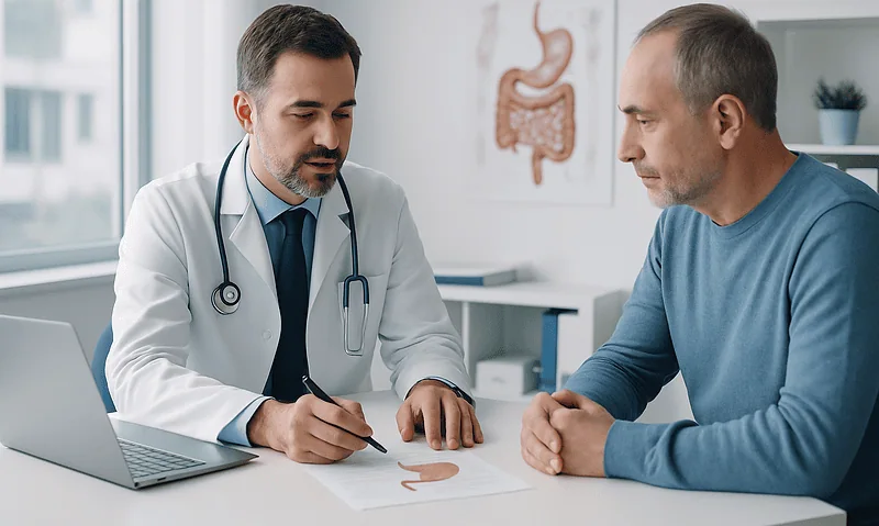 Doctor explaining gastric bypass procedure to patient in clinic.