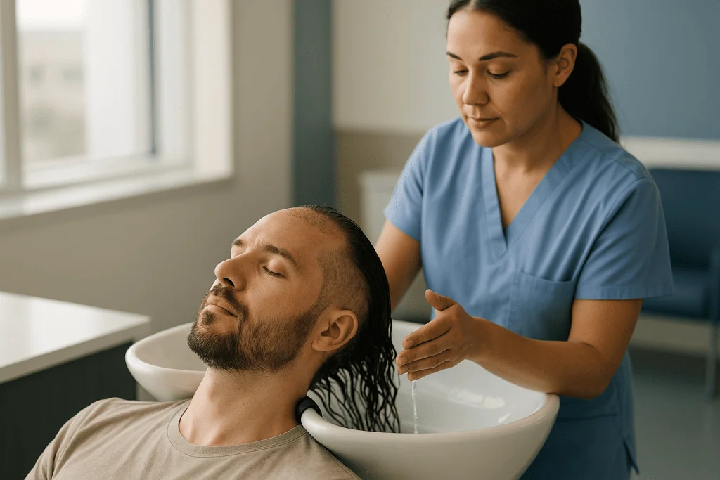 Healthcare provider washing patient's hair over basin: How grafts actually heal: what is happening under the water