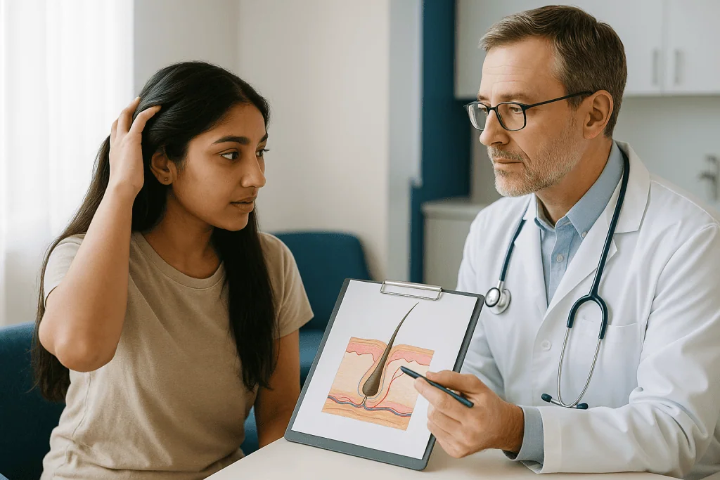 Doctor consulting patient about skin/tissue condition: How hair grows, and why four-week challenges always look like they wo