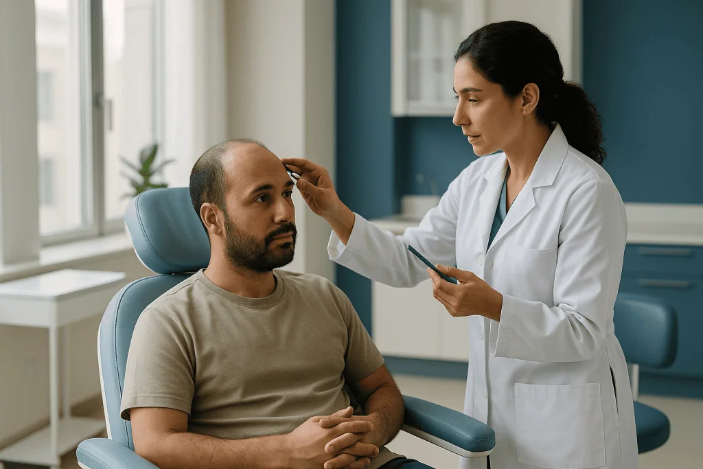 Doctor examining male patient's scalp and hairline: How hair transplant repair actually works: what happens in the chair