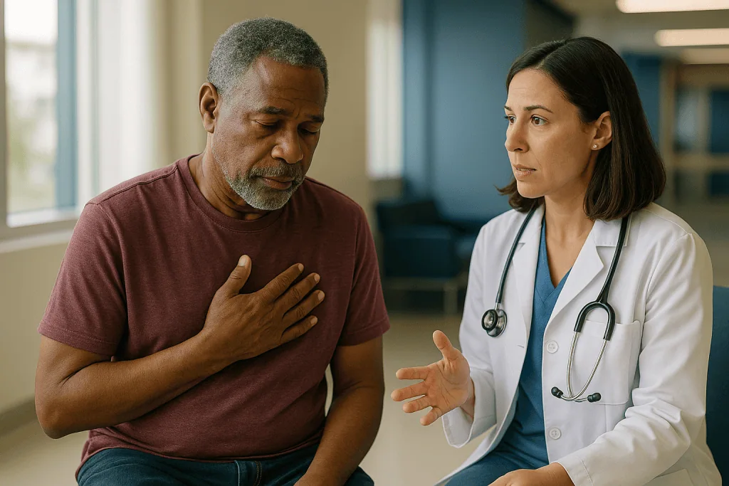 Doctor consulting male patient about chest symptoms: How inflammation damages arteries in the first place