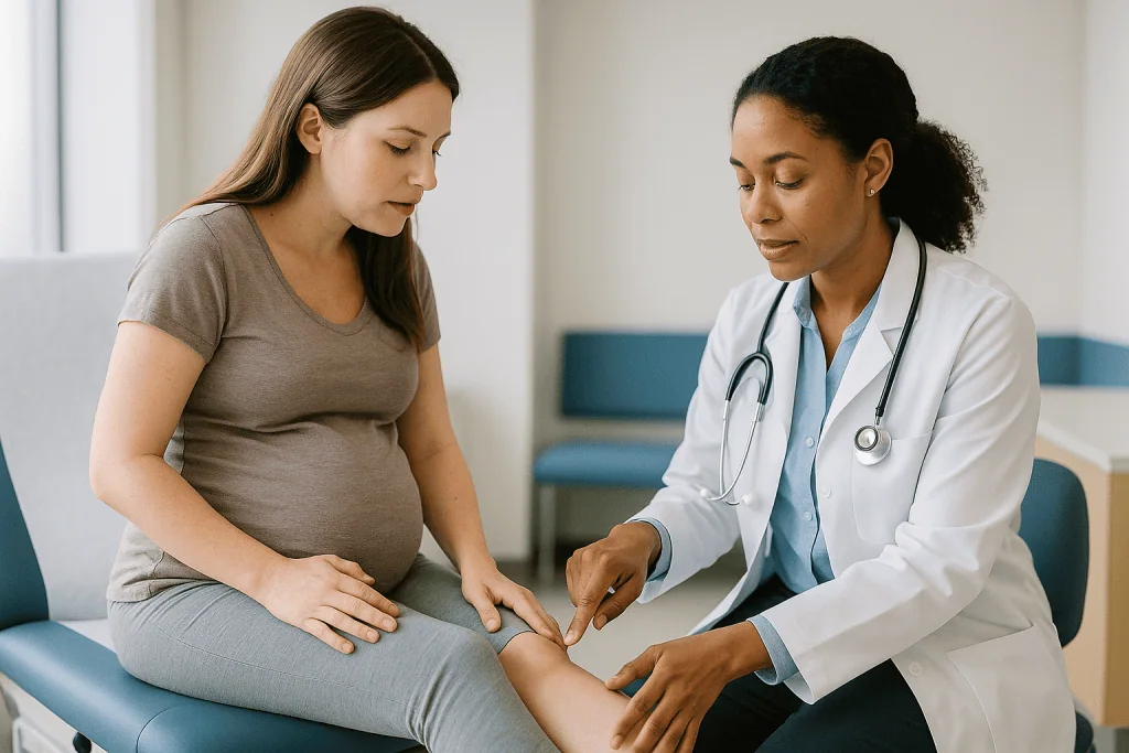 Pregnant woman receiving medical examination from doctor: How is a blood clot in the leg during pregnancy diagnosed?