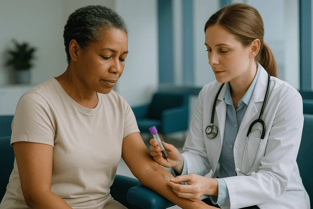 Doctor collecting blood sample from patient's arm: How is a CRP test done, and what color tube is used?