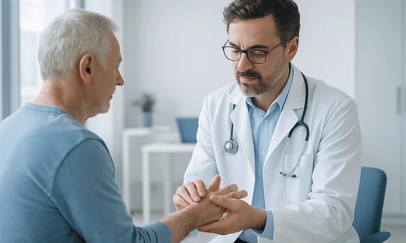 Doctor holding elderly patient's hand in consultation at hospital.