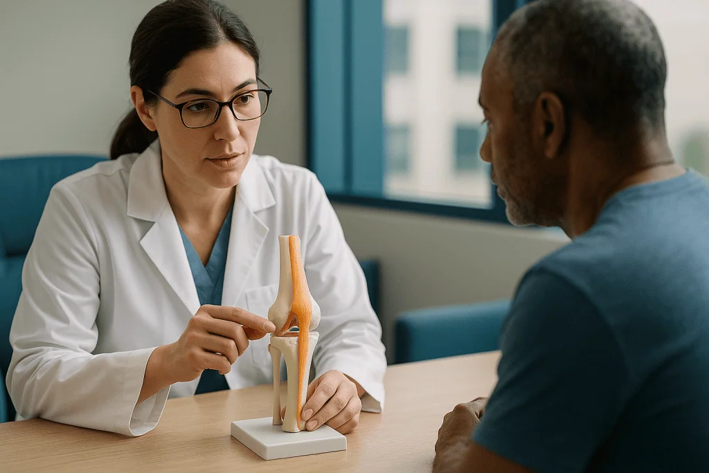 Doctor consulting patient about knee anatomy model: How is ACL reconstruction done? What happens during ACL surgery in plain
