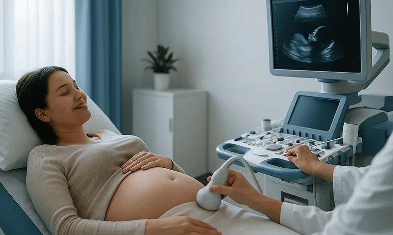 Pregnant woman having an ultrasound scan at a hospital.