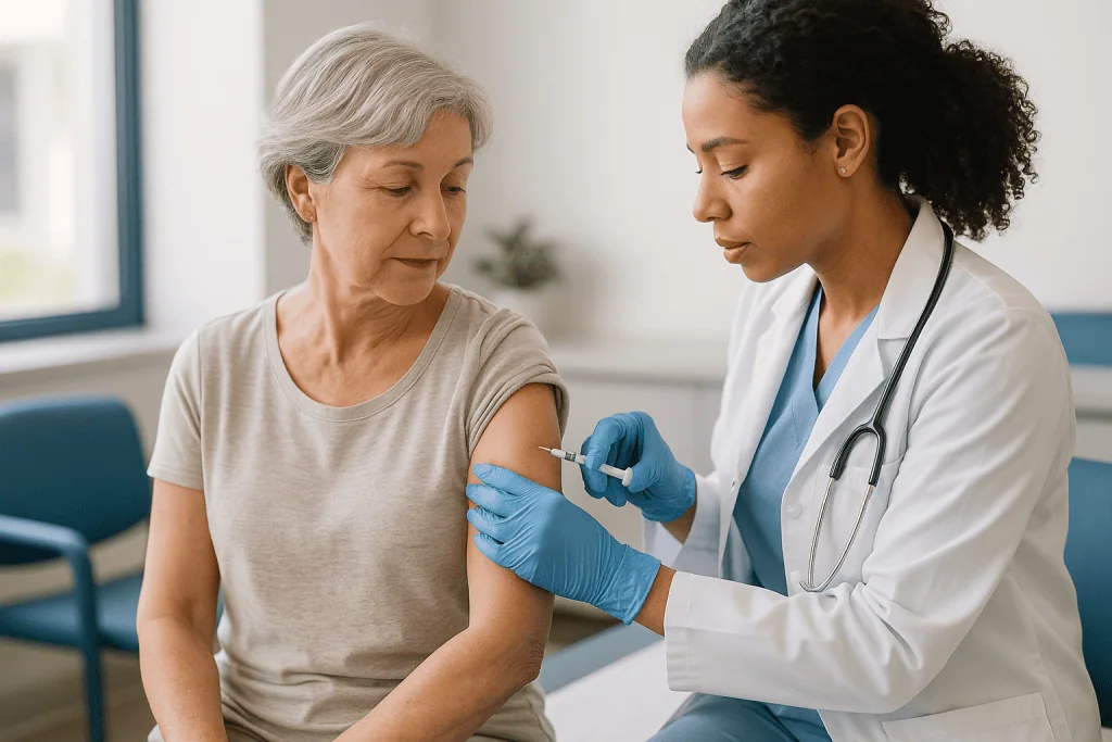 Healthcare provider administering vaccine injection to senior adult patient: How is the DPT vaccine administered in adults?