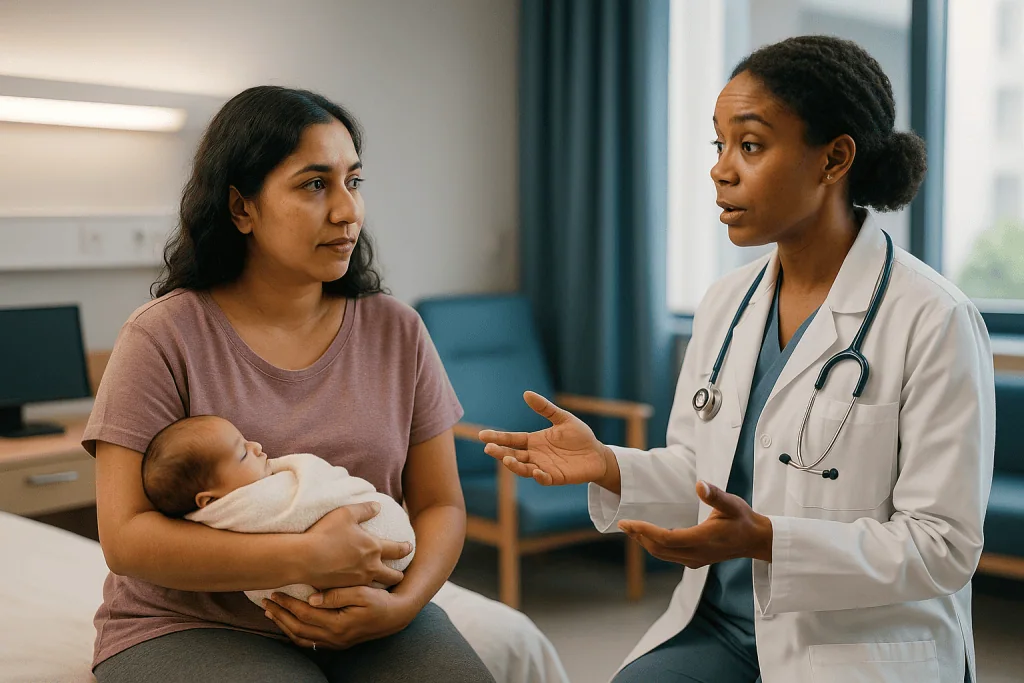 Doctor consulting mother holding newborn baby: How it works: why the placenta is the reason your numbers drop so fast