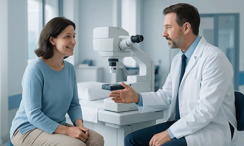Ophthalmologist explains eye health to patient during consultation.