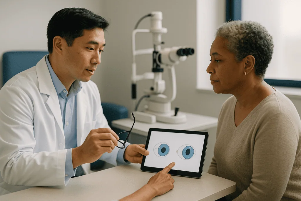 Optometrist consulting patient using tablet with eye diagram: How laser surgery corrects astigmatism in plain language
