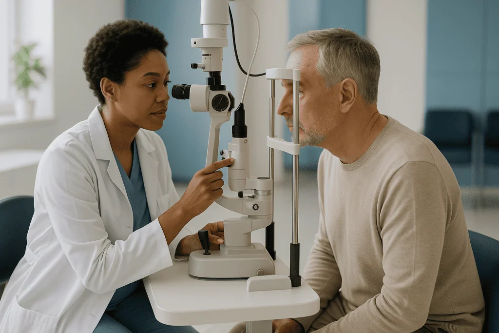 Optometrist performing eye examination with slit lamp: How lens replacement surgery actually works, step by step