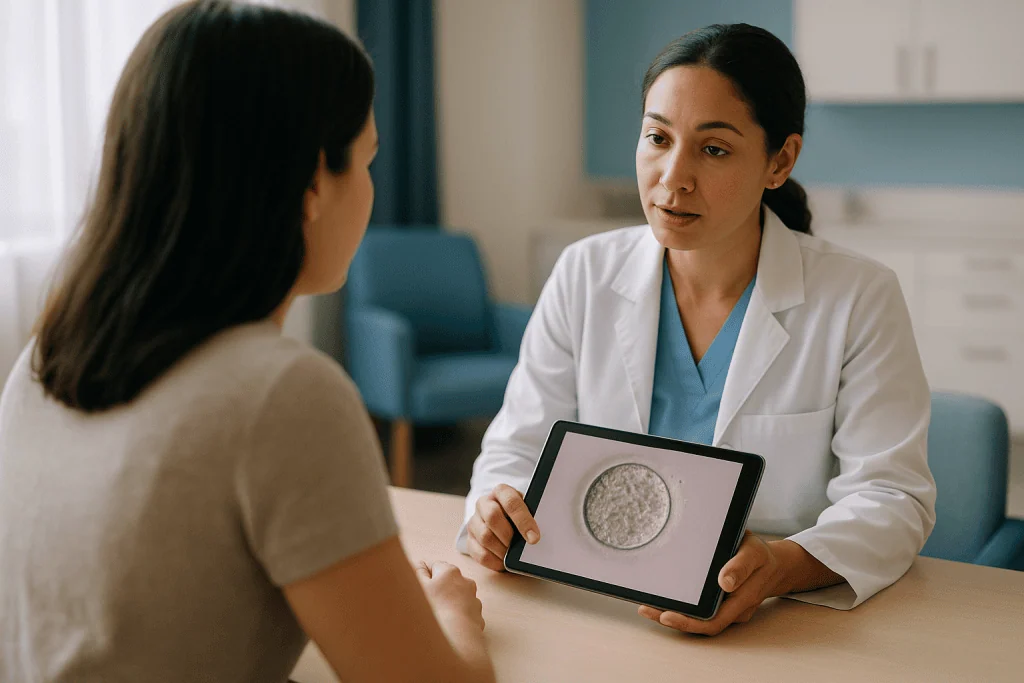 Doctor showing medical scan image to patient consultation: How long after egg retrieval is ICSI done?