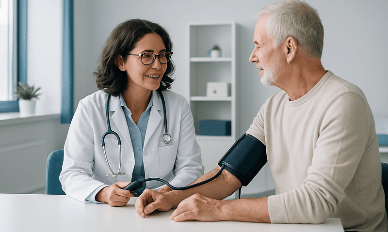 Doctor measuring senior man's blood pressure in clinic setting.