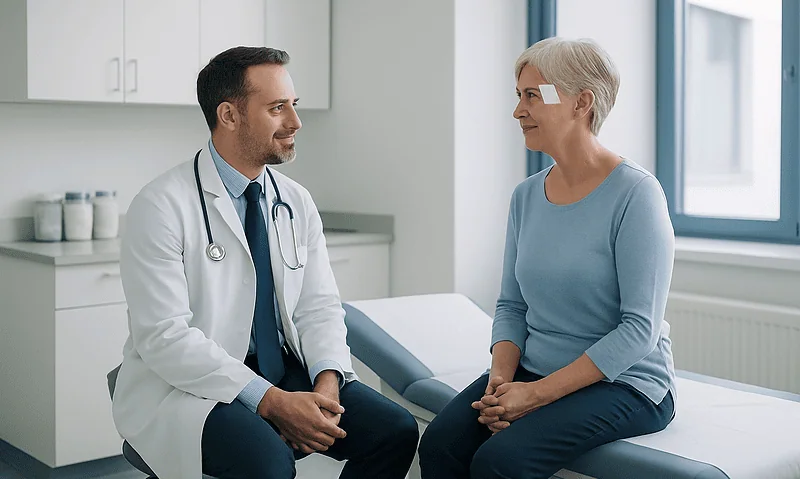 Doctor consulting with an elderly female patient in a medical office.