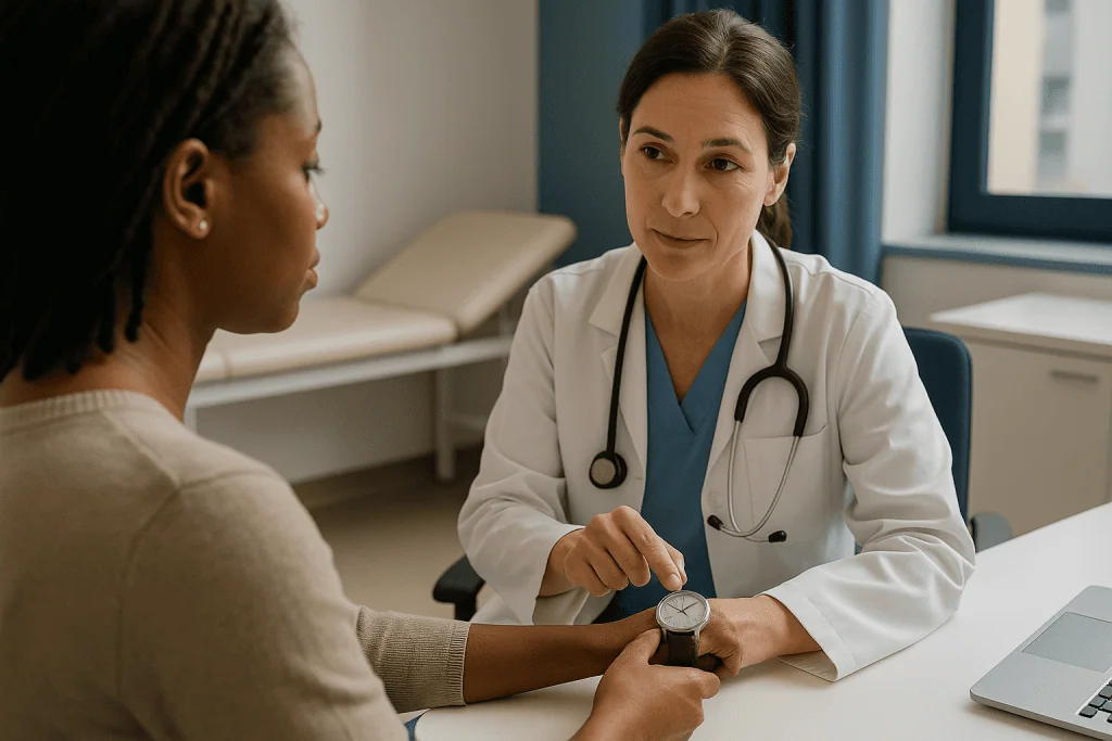 Doctor examining patient's wrist and wristwatch: How long does a mesotherapy session take, and how many sessions are typical