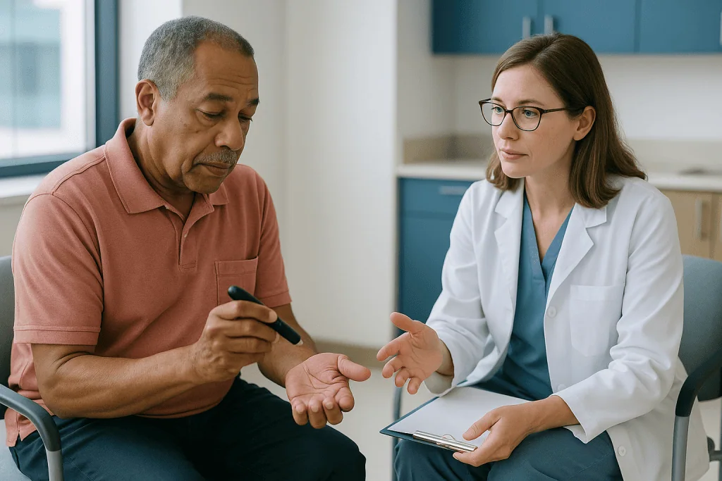 Doctor consulting with male patient, reviewing medical information: How long does a steroid injection affect blood sugar?