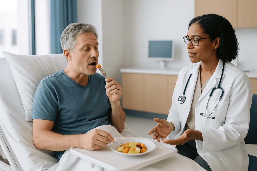 Doctor consulting patient about dietary choices with fruit plate: How long does anesthesia stay in your system?