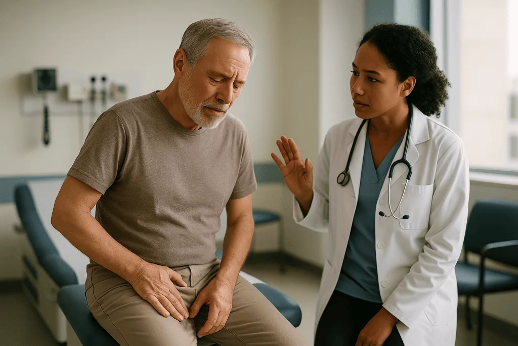 Doctor consulting with male patient about lower abdominal pain: How long does brachytherapy soreness last, and why does it b