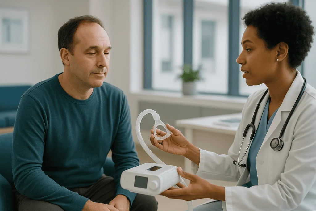 Doctor demonstrating CPAP mask to male patient: How long does CPAP take to work on energy and daytime sleepiness?