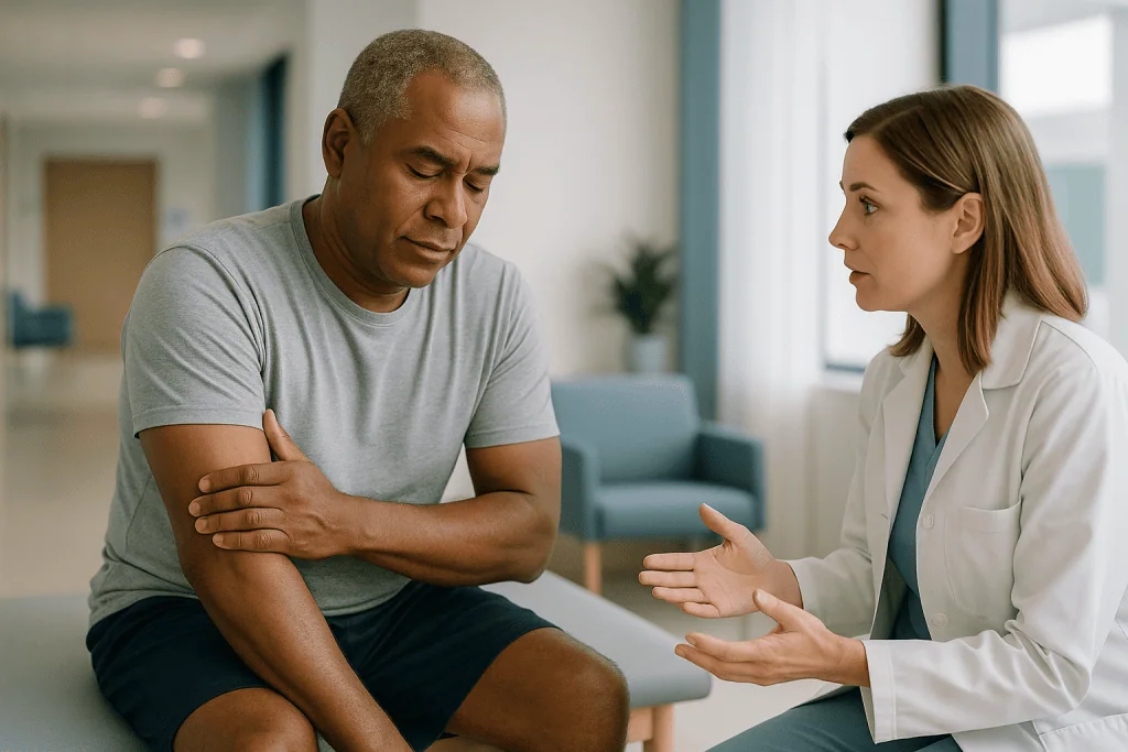 Doctor consulting patient about arm or shoulder pain: How long does DOMS last?
