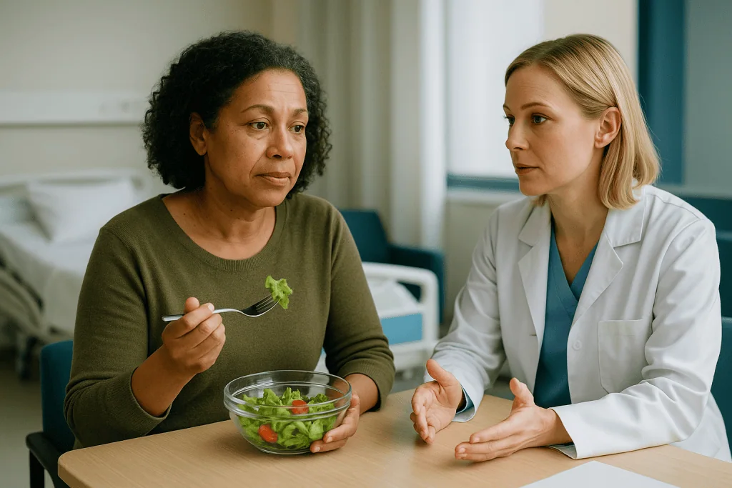 Patient eating salad with dietitian in hospital setting: How long does facial fat transfer last, and what decides it?