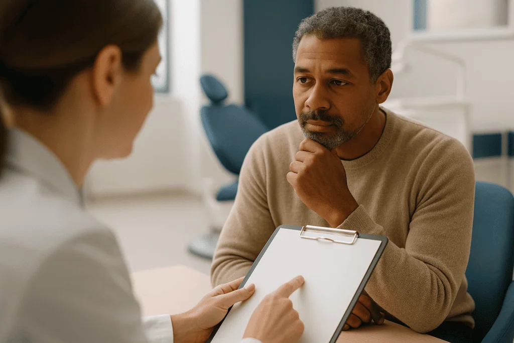 Healthcare professional consulting with patient using clipboard: How long does full mouth reconstruction take?