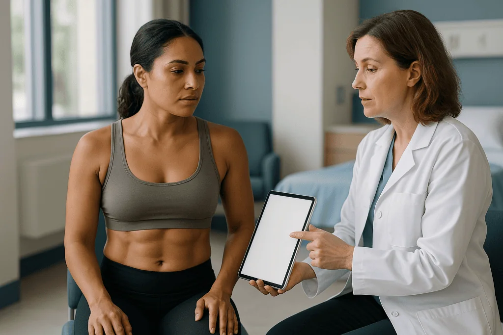 Doctor consulting with athletic woman holding tablet: How long does HD lipo last? What the evidence says about fat cells