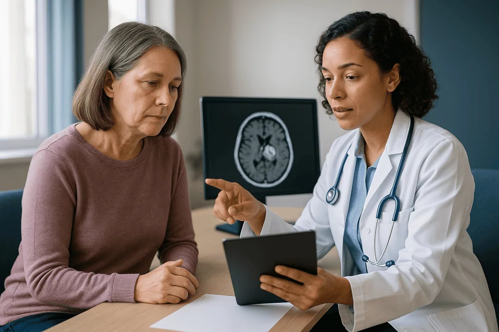 Doctor reviewing brain MRI scan with older female patient: How long does it take for a tumor to shrink after Gamma Knife?