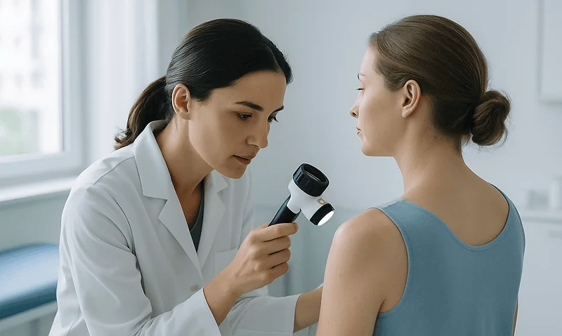 Doctor examining a young girl with a medical device in a clinical setting.