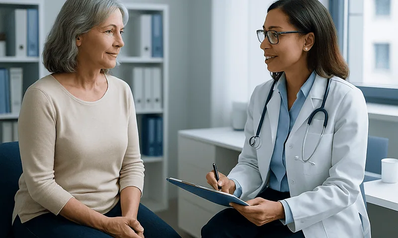 Doctor consulting with an older woman in a medical office.