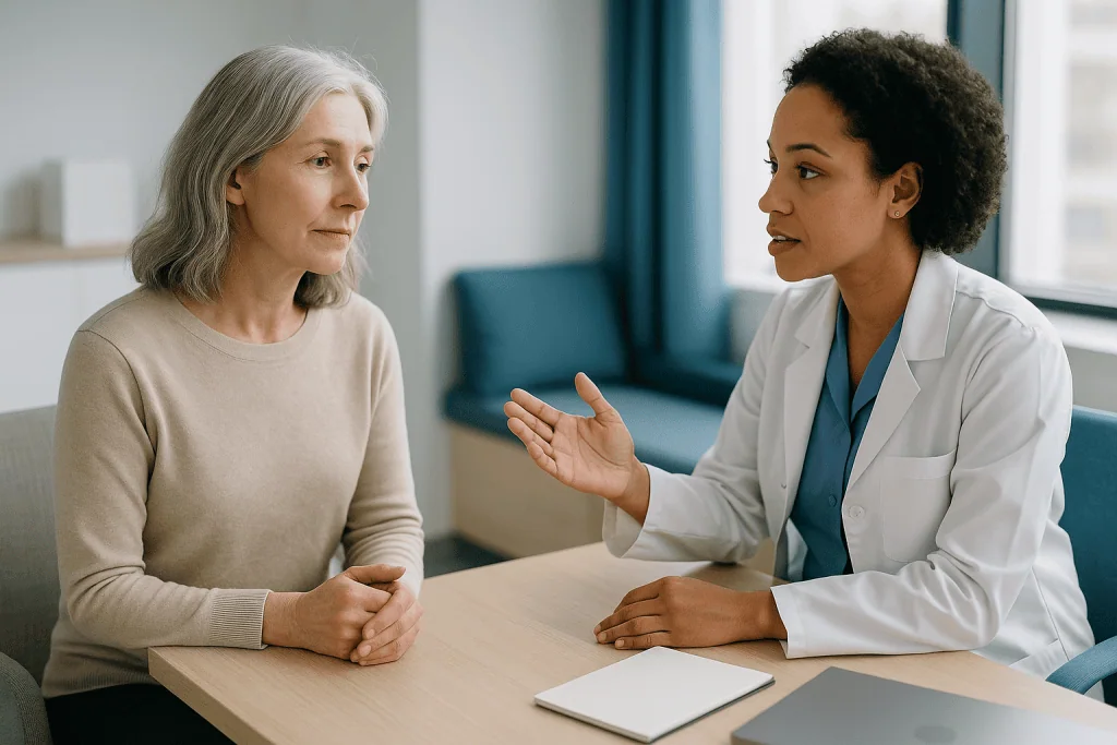 Doctor consulting with mature female patient at desk: How long does menopause last? The honest short answer