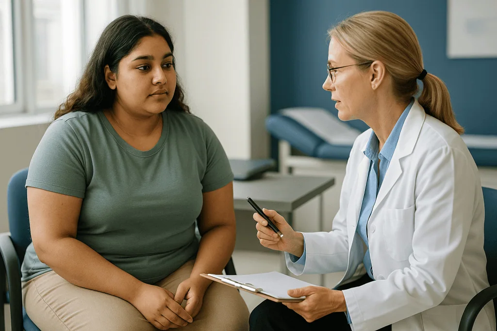 Female patient consulting with female physician in clinical office: How long does PCOS treatment take to show results?