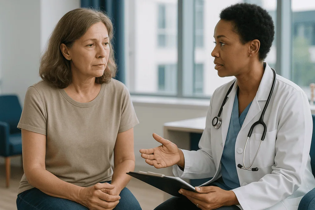 Female doctor consulting middle-aged woman patient: How long does perimenopause last, and when does it start?