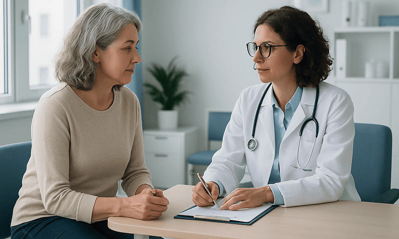 Doctor consulting with middle-aged woman in a medical office.