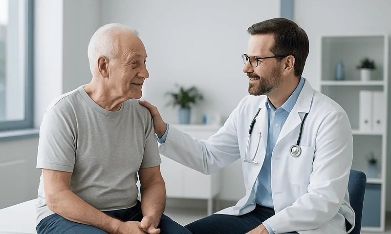 Doctor consulting with elderly patient in a medical office.