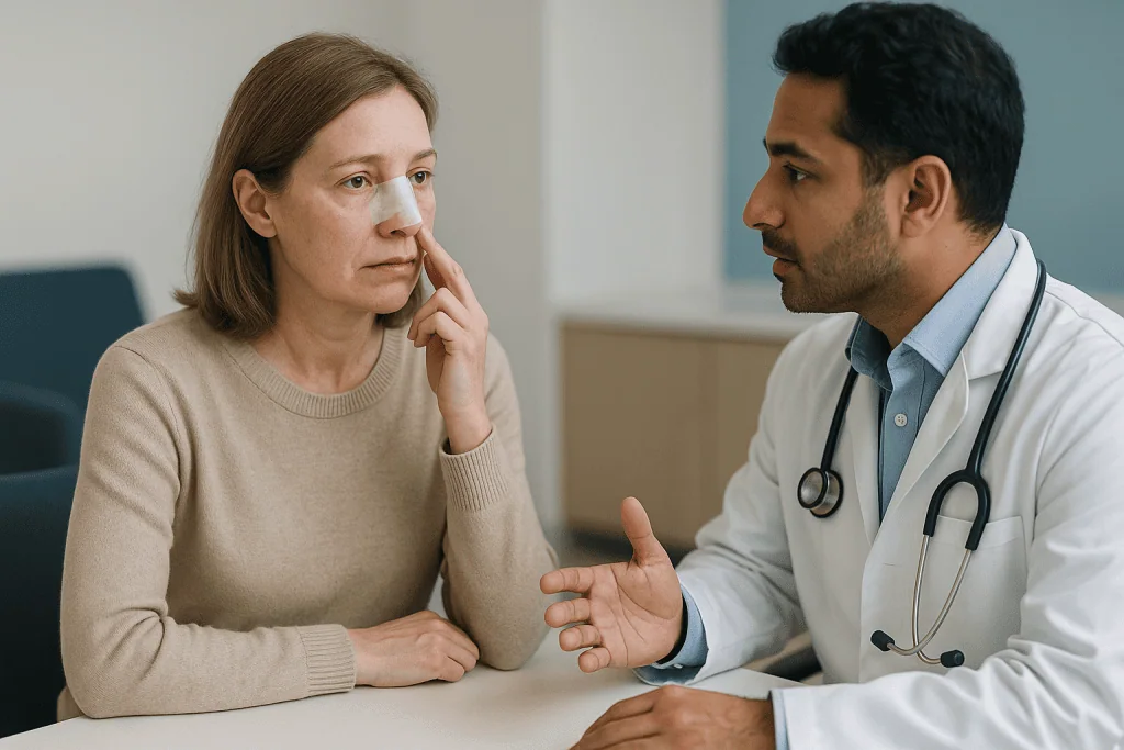 Doctor consulting with middle-aged female patient at desk: How long does rhinoplasty swelling last? The honest timeline