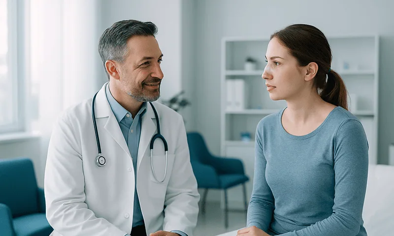 Doctor consulting with a patient in a modern medical office.